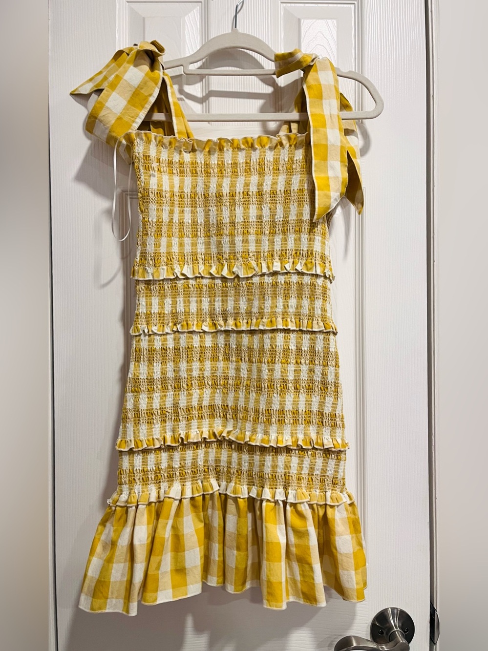 Mable Allison Smocked Yellow Gingham Tie-Shoulder Mini Dress Size Large - Picture 5 of 5